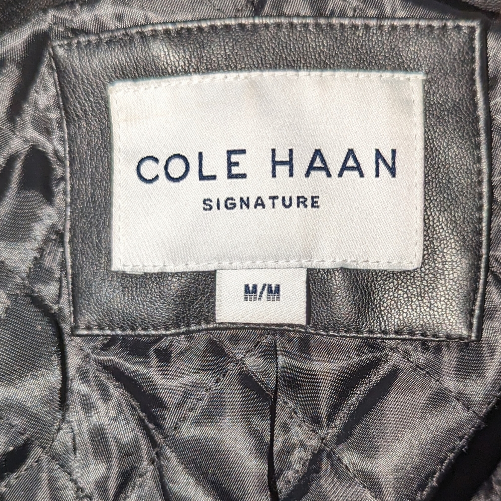 Cole Haan | Black Vegan Leather Gold Zipper Timeless Jacket Women's Size M - Picture 5 of 6